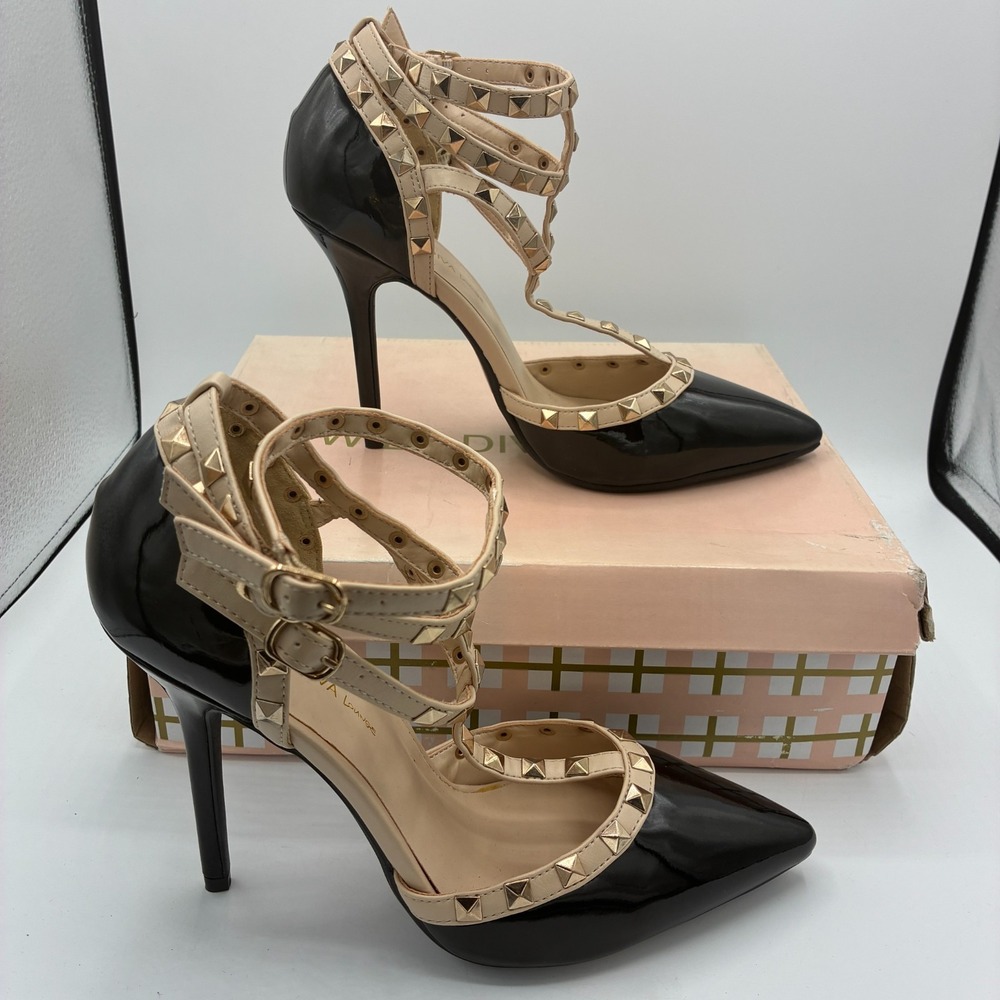 Wild Diva Lounge Adora-55 Black Patent Studded Ankle Strap Heels NIB 8.5